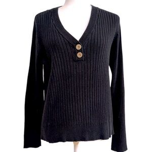 Lauren by Ralph Lauren Black Ribbed V-Neck Pullover Sweater